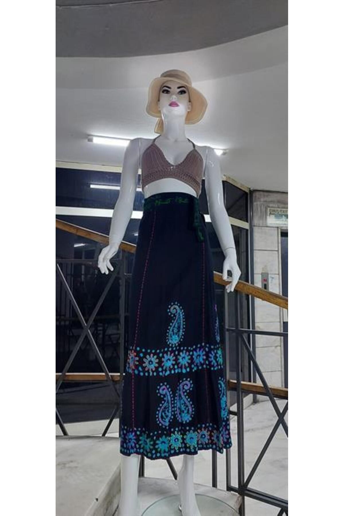 Bohem Stil Hint Batik Çiçek Desenli Ve Işlemeli Uzun Hint Anvelop Etek