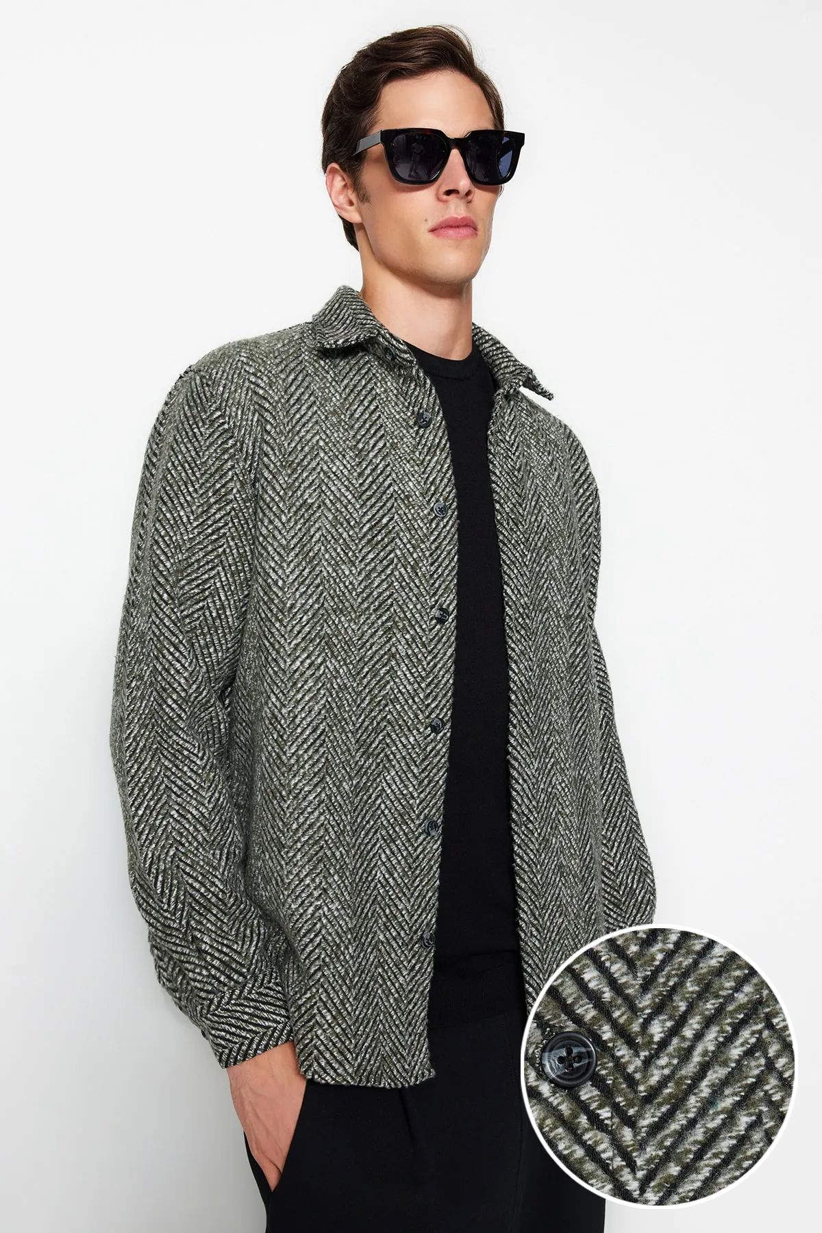 TRENDYOL MAN Haki Unisex Relaxed Fit Balıksırtı Desenli Kışlık Gömlek TMNAW24GO00054