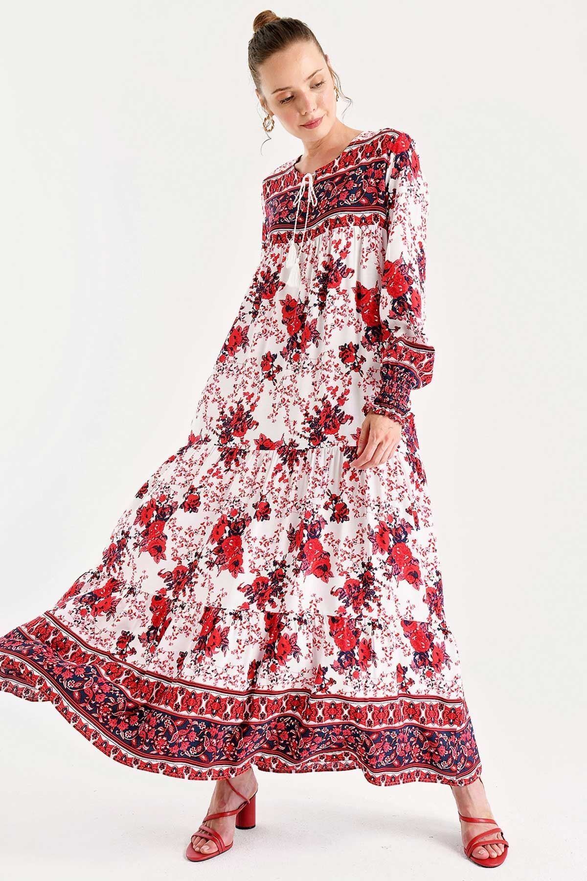 Bigdart Kadın Kırmızı Kol Büzgülü Robalı Çiçek Desenli Elbise