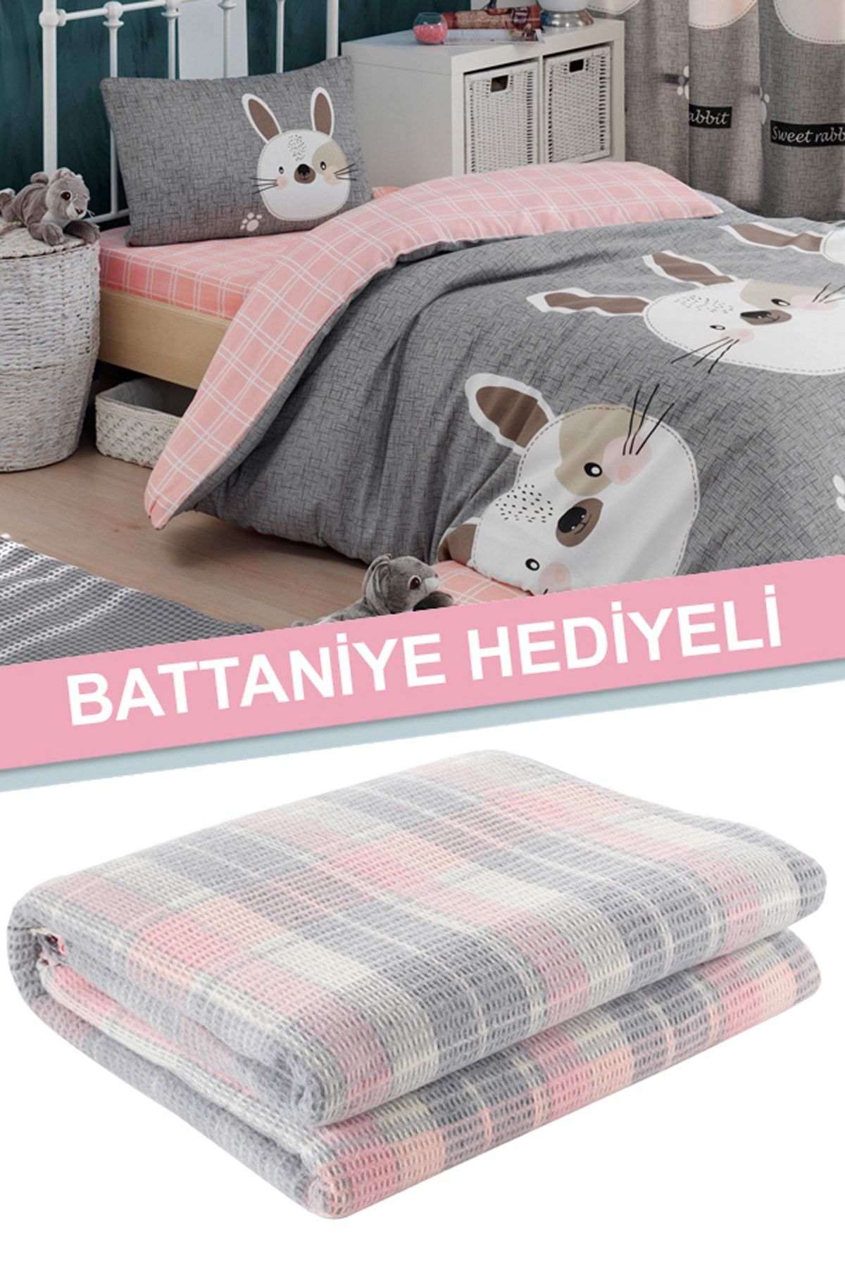 Eponj Home Battaniyeli Nevresim Takımı Tek Kişilik Tavşancık A.Kahve-Gri-Pembe(21495/22776)