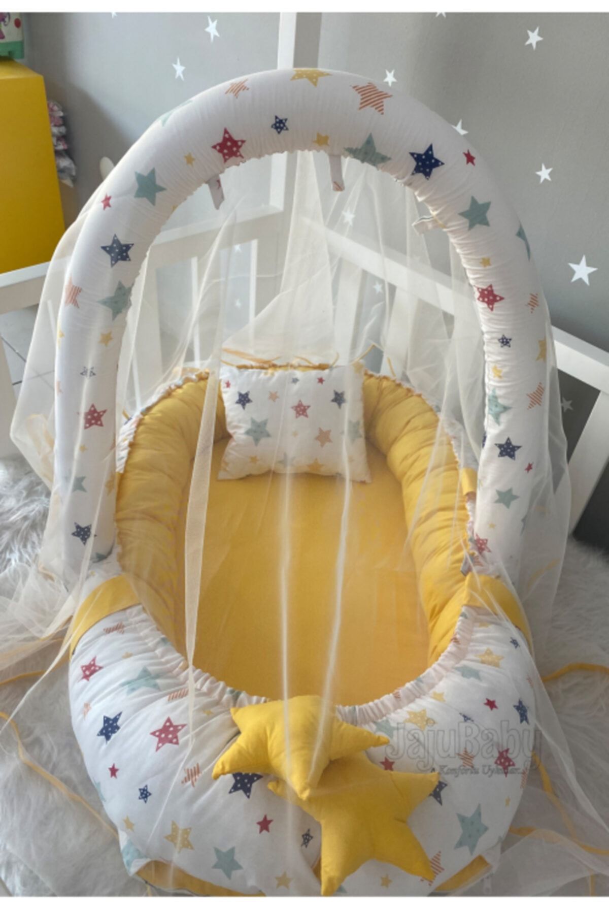 Jaju Baby Nest Karışık Yıldızlı Sarı Cibinlik Ve Oyuncak Askılı Lüx Tasarım Jaju-babynest Anne Yanı