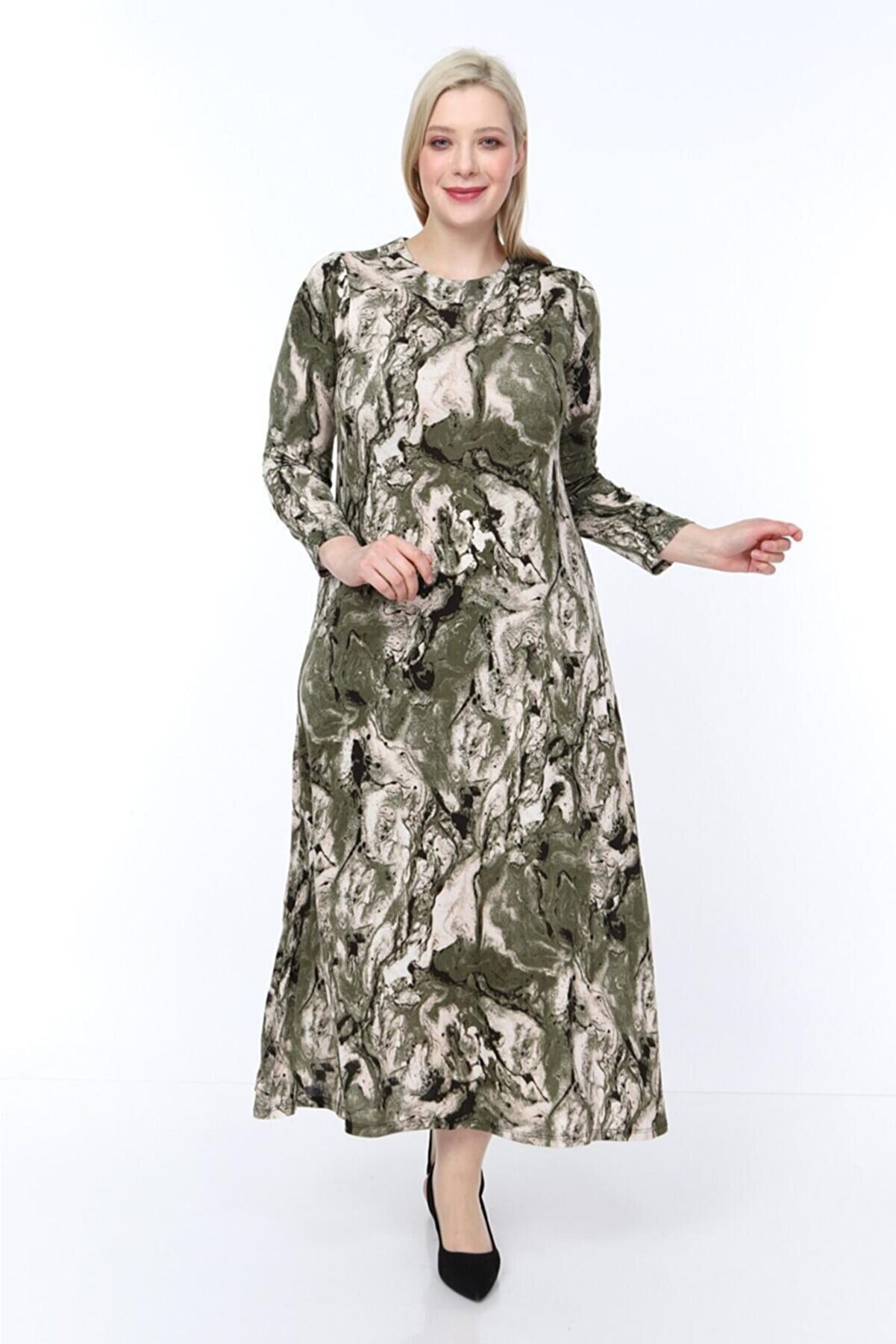 ŞENZADE Kadın Yeşil Viskon Kumaş Baskı Desen Büyük Beden Elbise