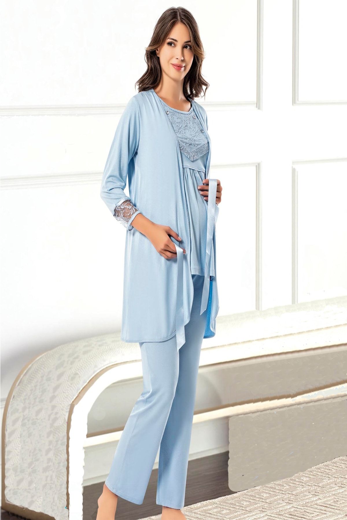TAMPAP Kadın Mavi   3'lü Emzirme Detaylı Uzun Kollu Lohusa Pijama  Gecelik Takımı  3845