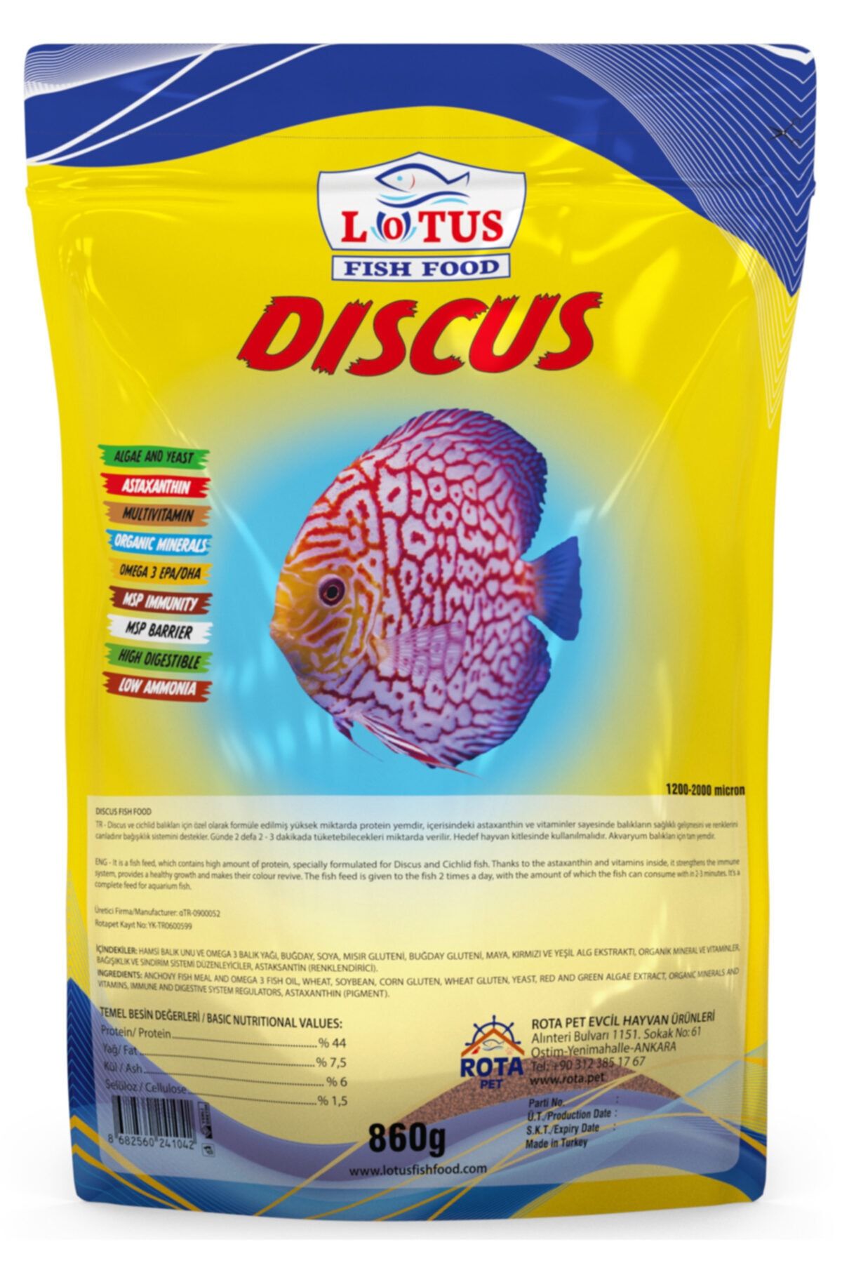 Lotus Discus Astaxanthin Omega-3 Protein 860 G Poşet Malawi Ciklet Yunus Sarıprenses Akvaryum Balık Yemi