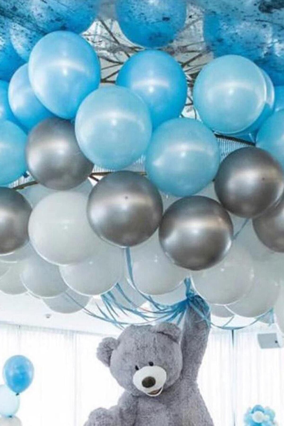 Parti Dolabı 30 Ad Metalik Parlak Açık Mavi Beyaz Gümüş Gri Karışık Renk Balon