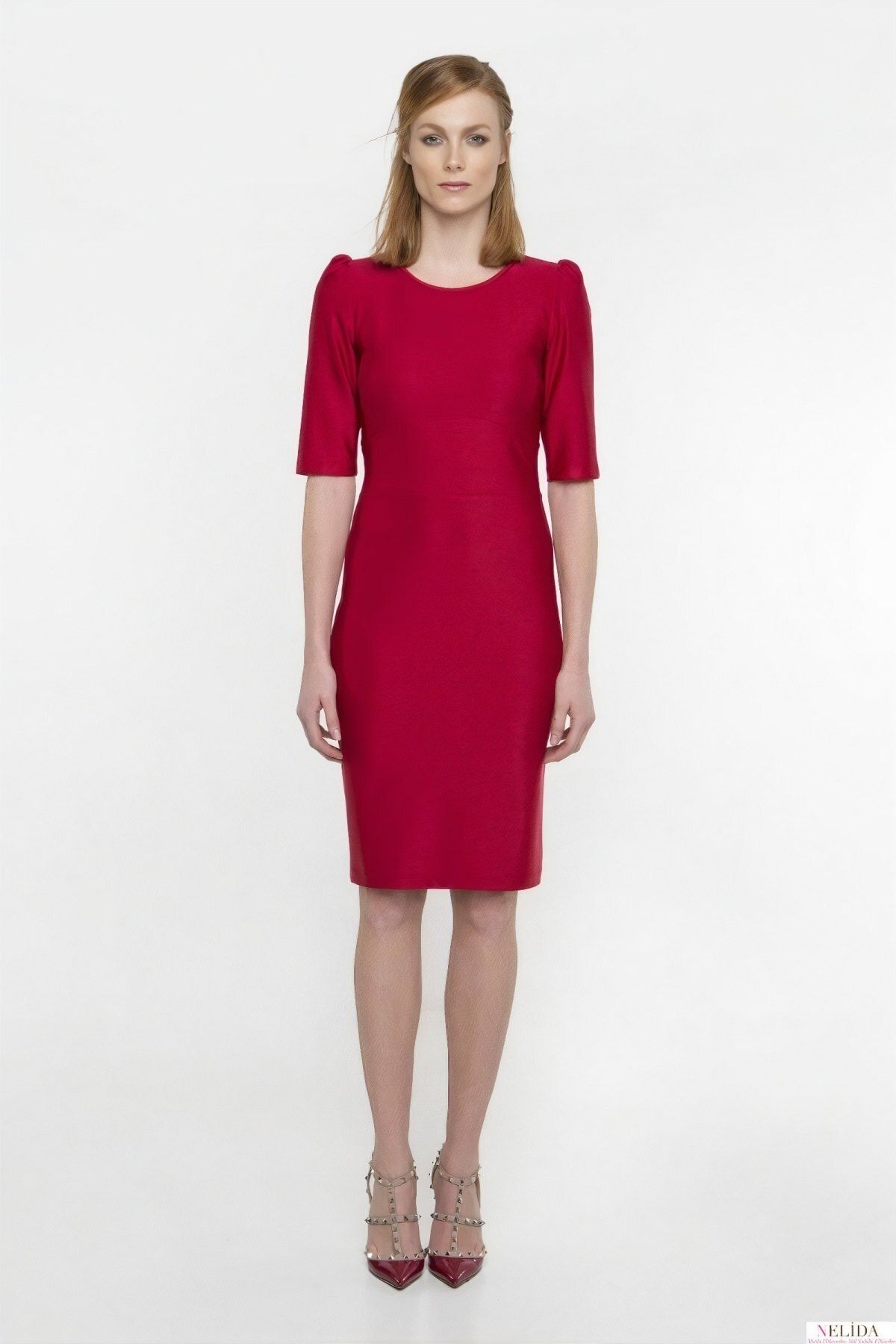 NELİDA Kadın Kırmızı Dalgıç Kumaş Kalem Elbise