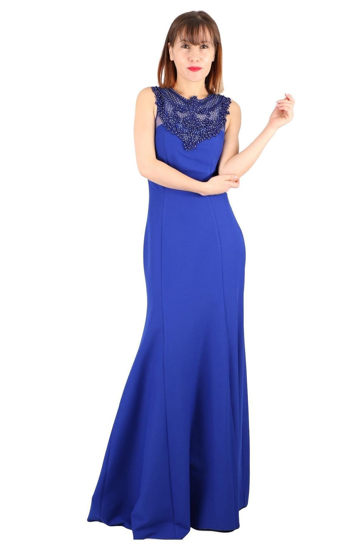 Günay Kadın Abiye Elbise Tn7810 Askılı-saks Mavi
