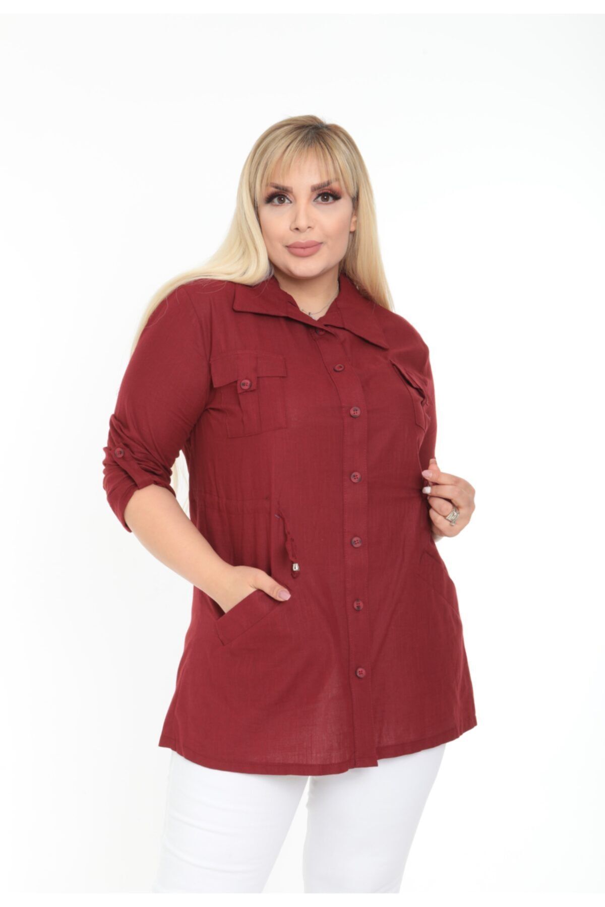 By Alba Collection Kadın Dört Cep Detay Pamuk Keten Ceket Gömlek Bordo