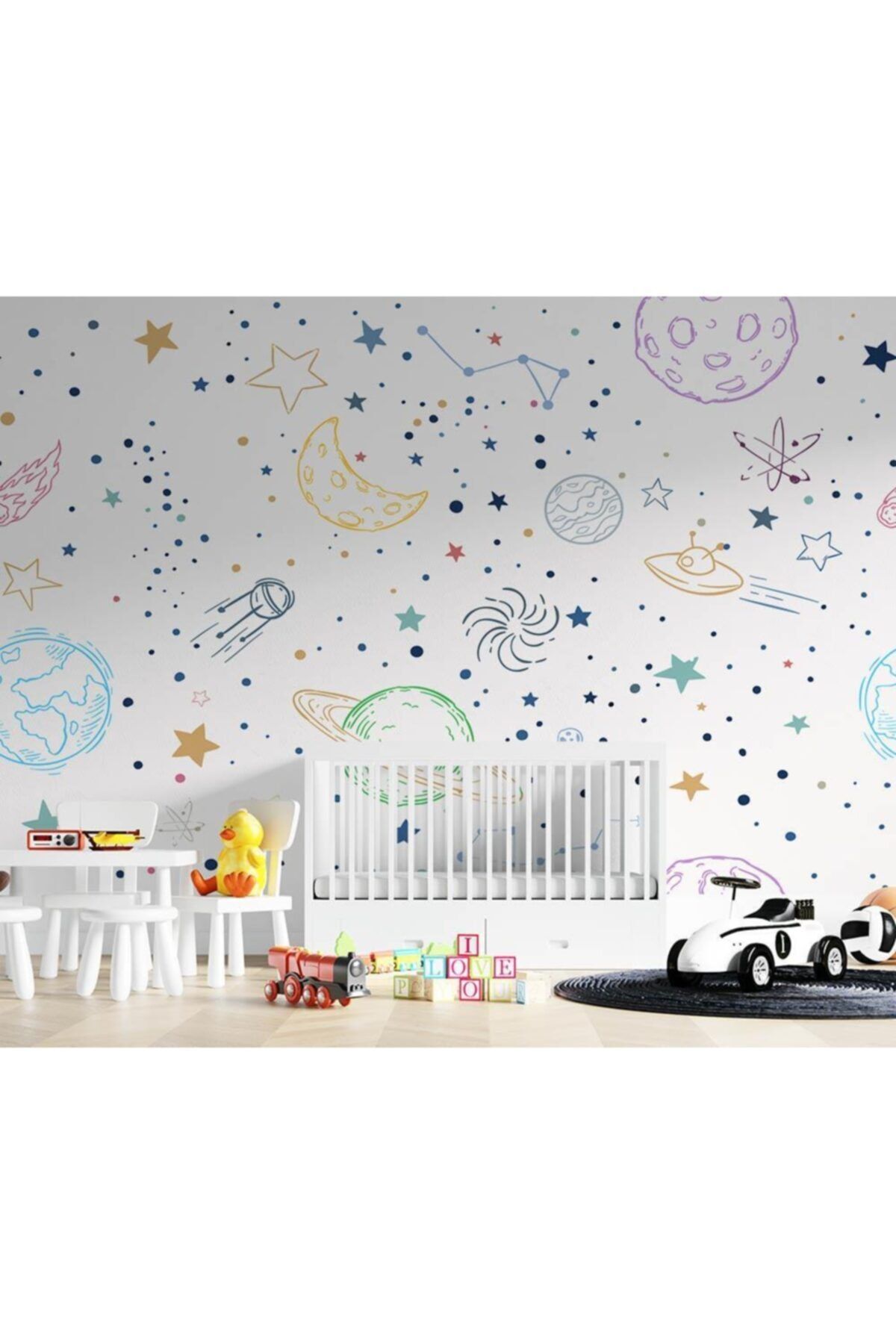 Özen Duvar Kağıtları Renkli Gezegenler Uzay Temalı Çocuk Odası Duvar Kağıdı