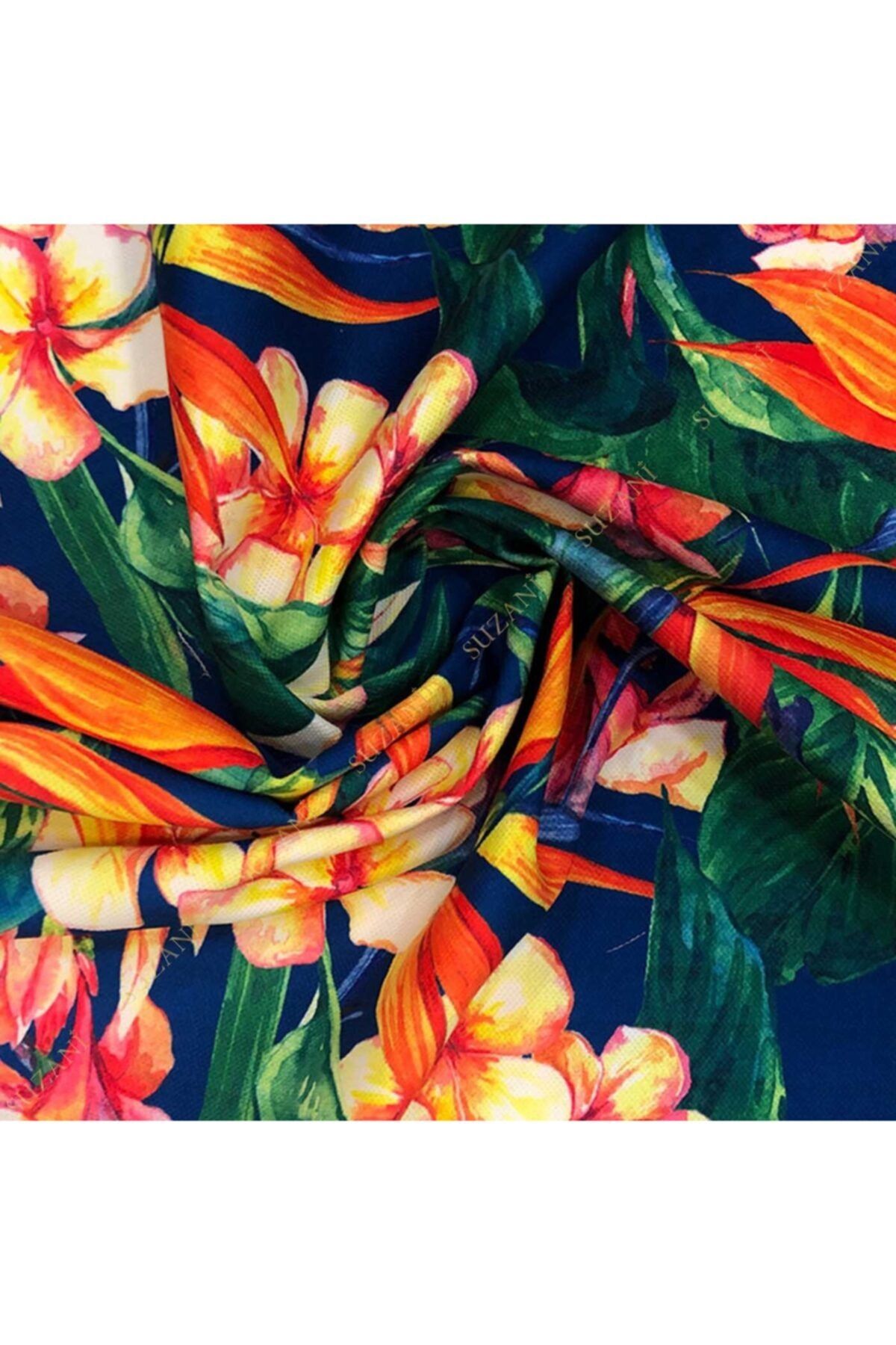 SUZANİ Mavi Zemin Tropik Çiçekler Dijital Baskılı Kumaş Kms-1074
