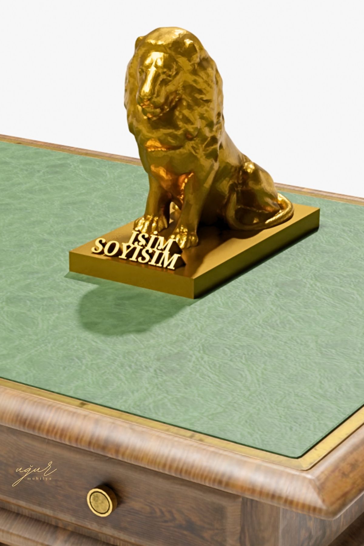 UĞUR MOBİLYA Altın Kaplama Heybetli Aslan Heykeli (İSME ÖZEL) GOLD LION