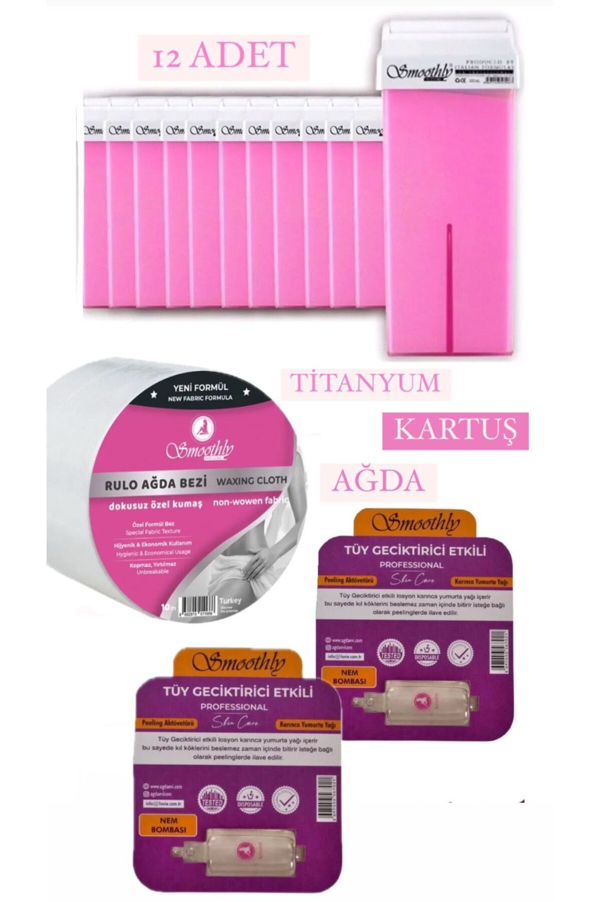 Smoothly Kartuş Pembe Roll-on Sir Ağda 12 Li Set 2 Karınca Yumurta Yağı