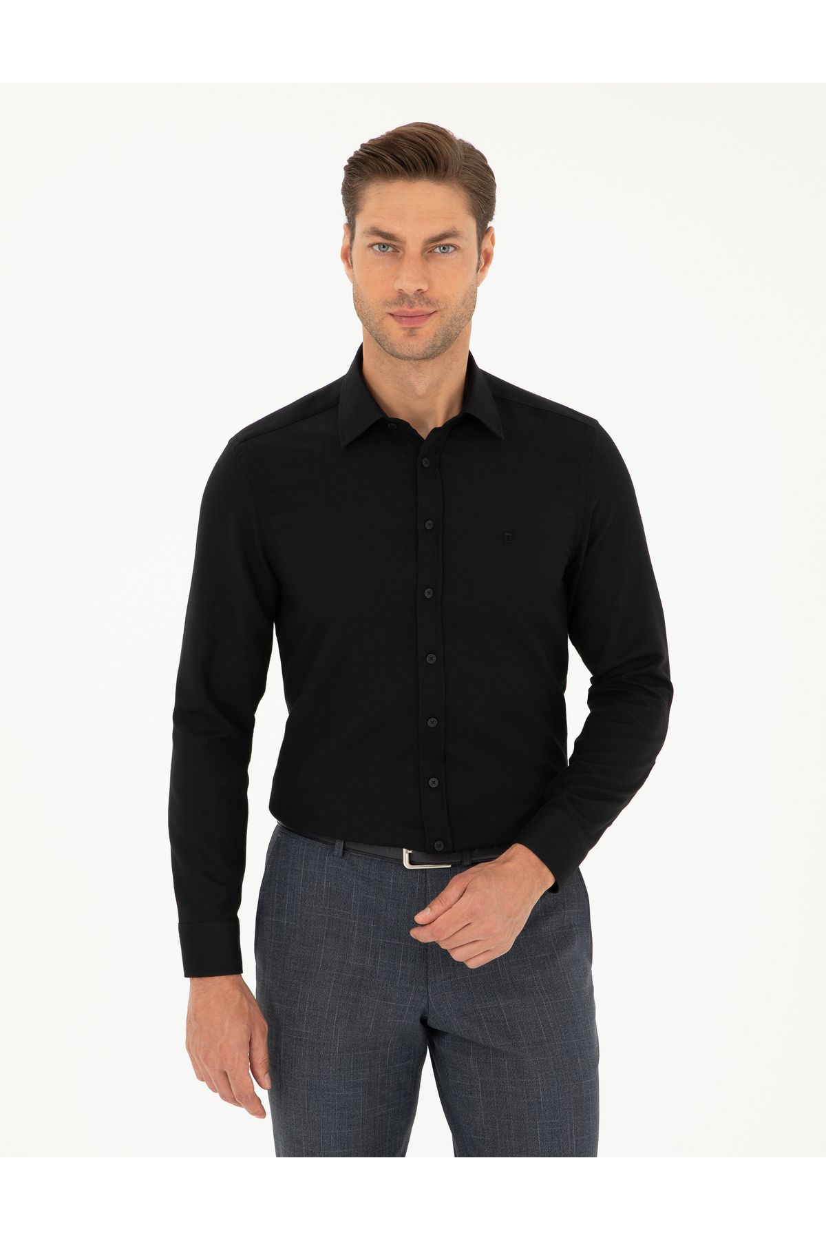 Pierre Cardin Siyah Slim Fit Armürlü Uzun Kollu Gömlek 50298055-vr046