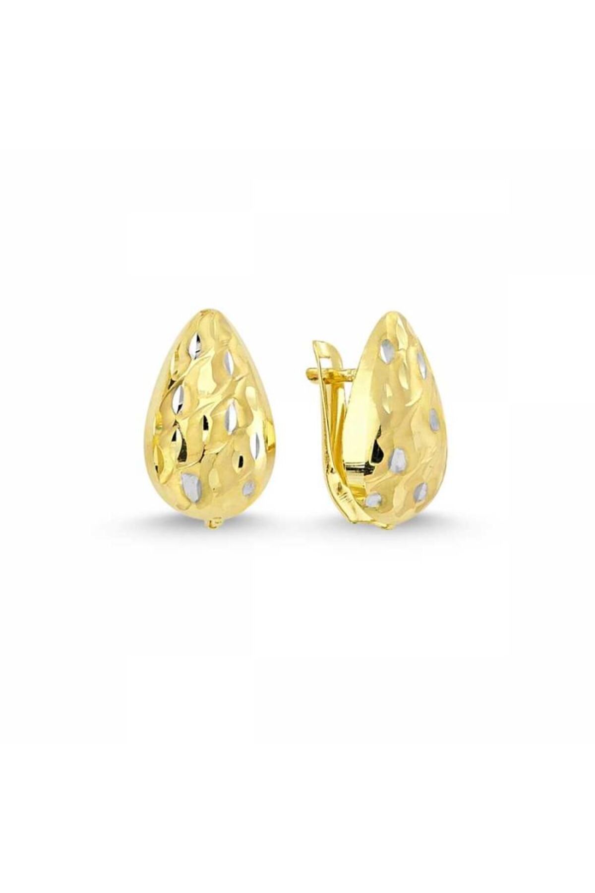 Sembol Gold 14 Ayar Altın J Küpe Taşsız Hat Çizgili Damla Modeli
