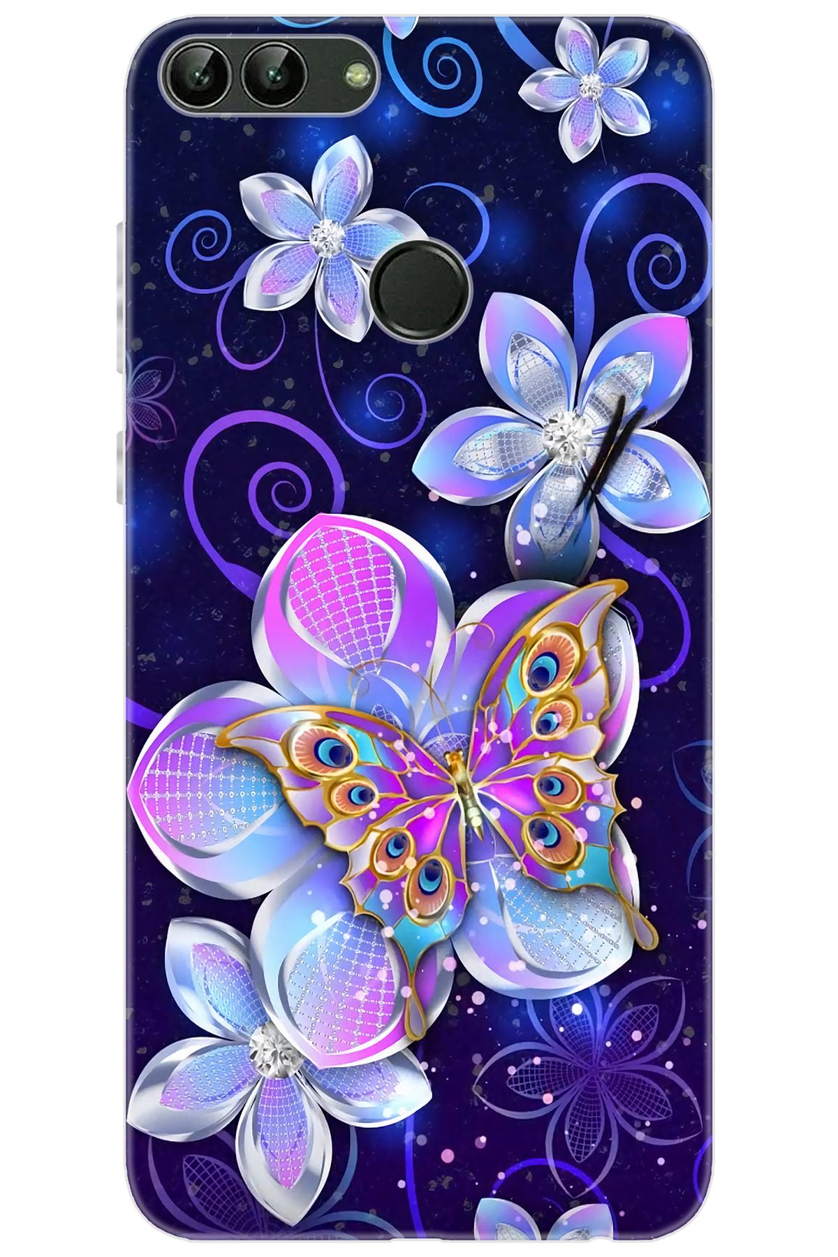 Ceppare Huawei P Smart (FIG-LX1/LX3) Uyumlu Kılıf Desenlilı Silikon Kelebek ve Çiçekler STK:718 CP-EMlzlKp