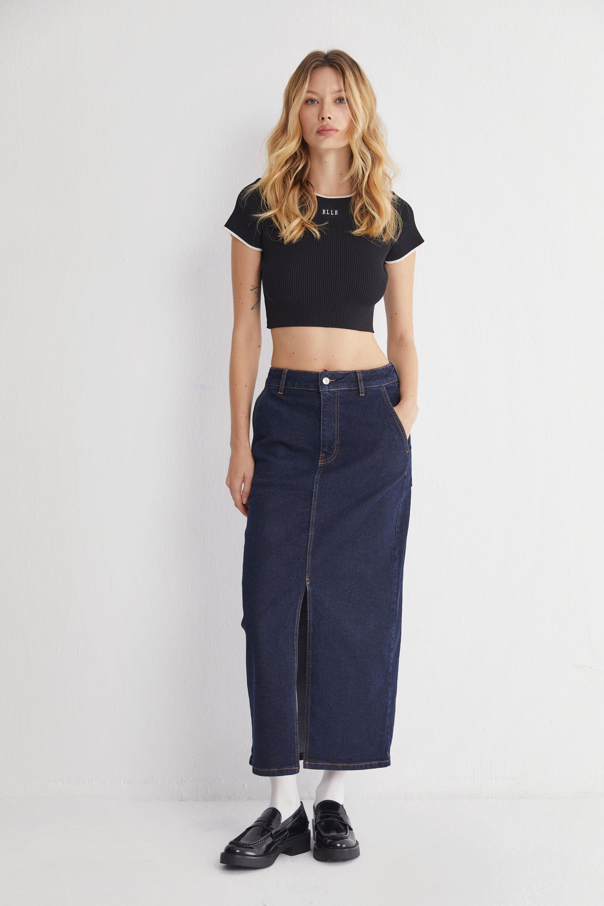 Elle Yüksek Bel Yırtmaçlı Midi Jeans Etek