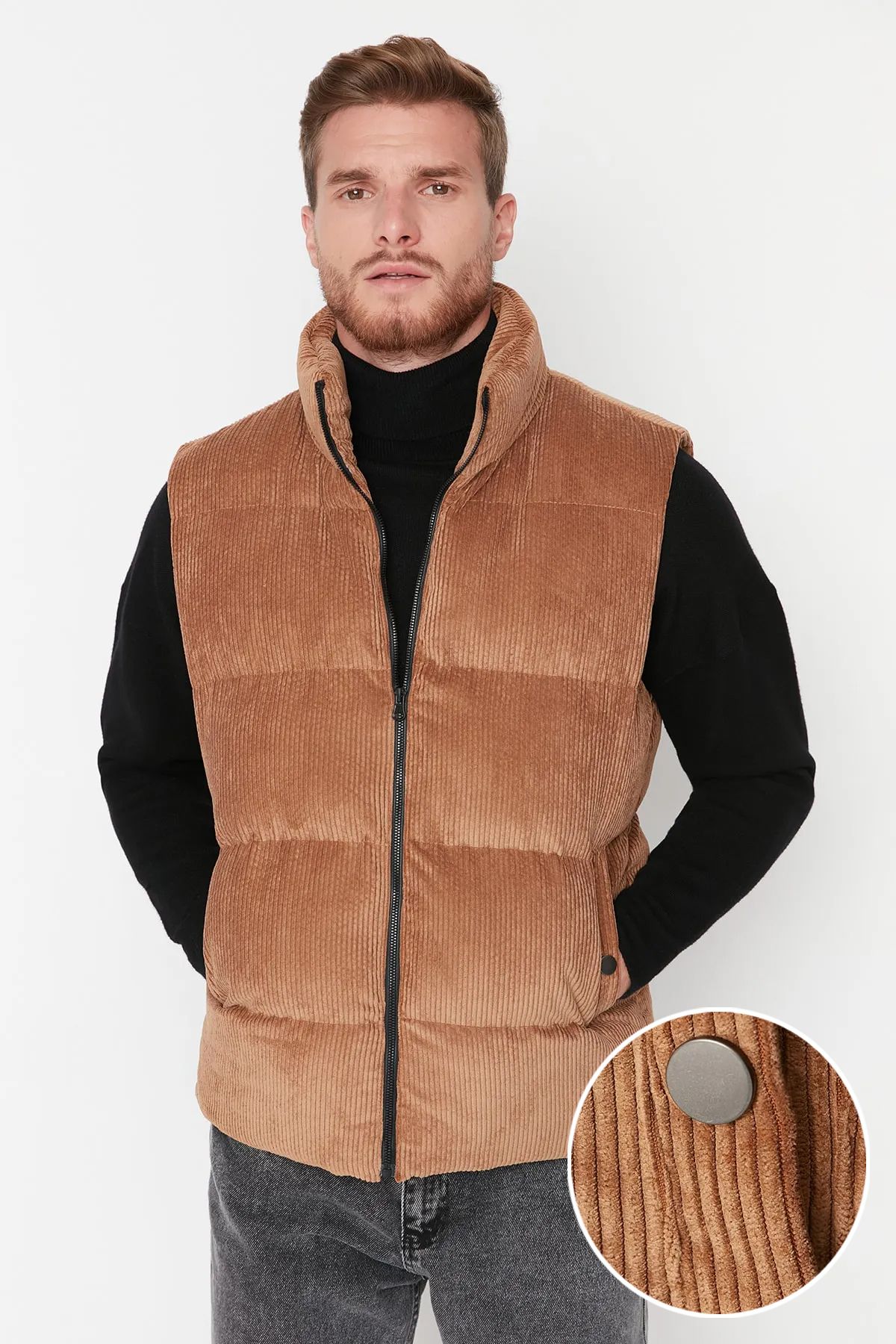 TRENDYOL MAN Camel Erkek Regular Fit Kışlık Kadife Yelek TMNAW23YE00013
