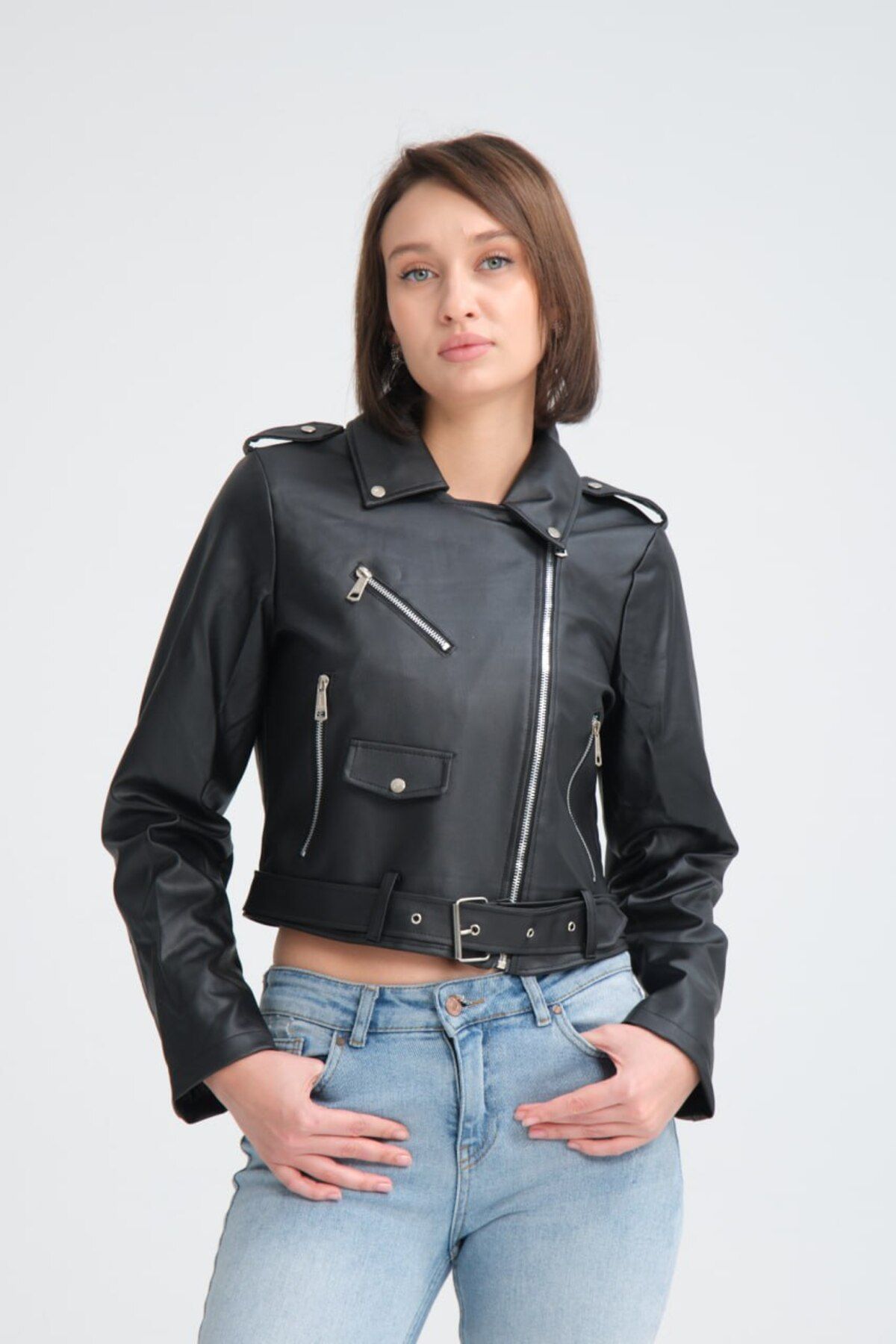 İLKCET MODA Kadın Kemerli Deri Ceket Slim Fit