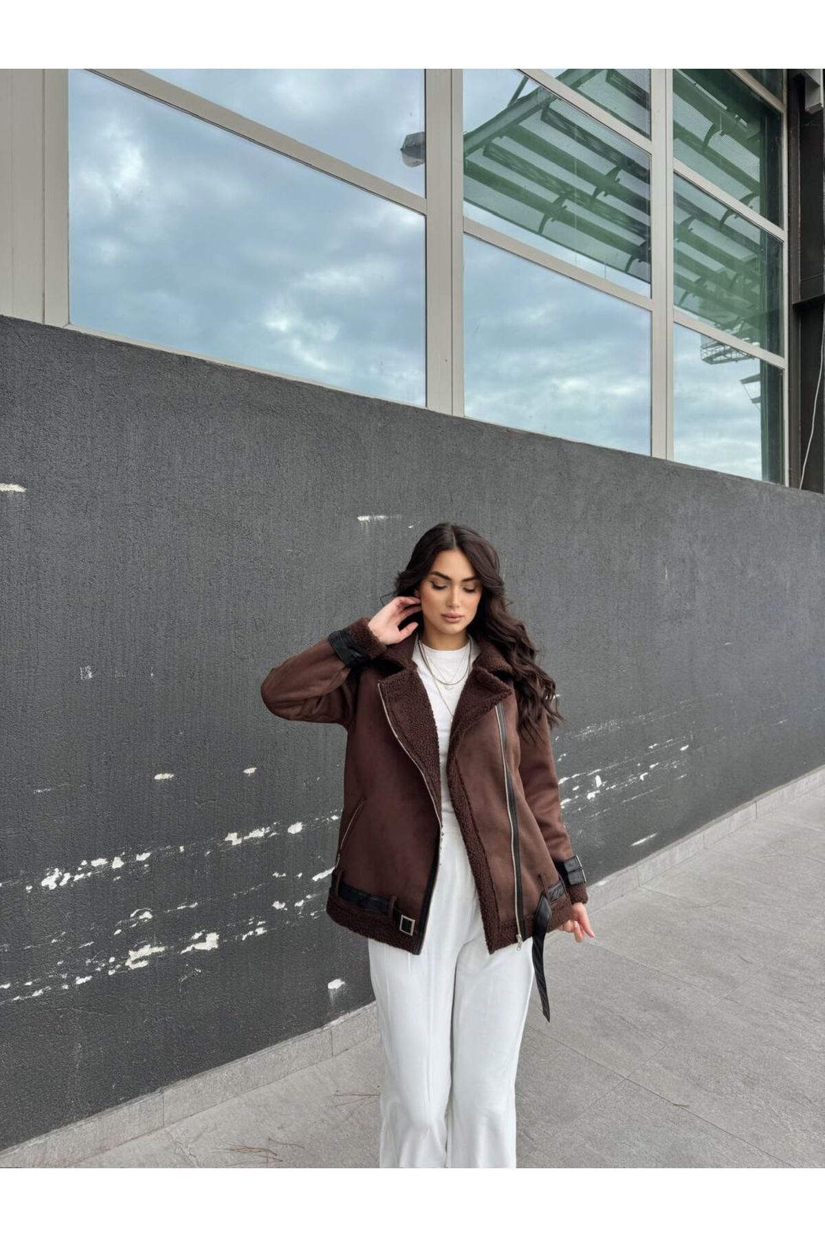 Sindimoda Yeni Sezon Süet Kaplama Biker Oversize Kaban