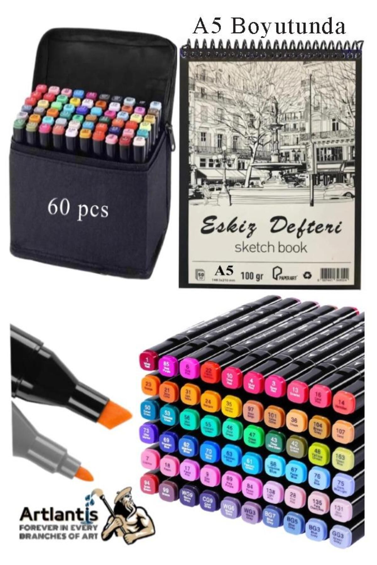 Artlantis Eskiz Defteri A5 50 Yaprak 100 gr 1 Adet 60 Renk Çift Taraflı Marker Kalem 60 Adet Touch Çift Uçlu