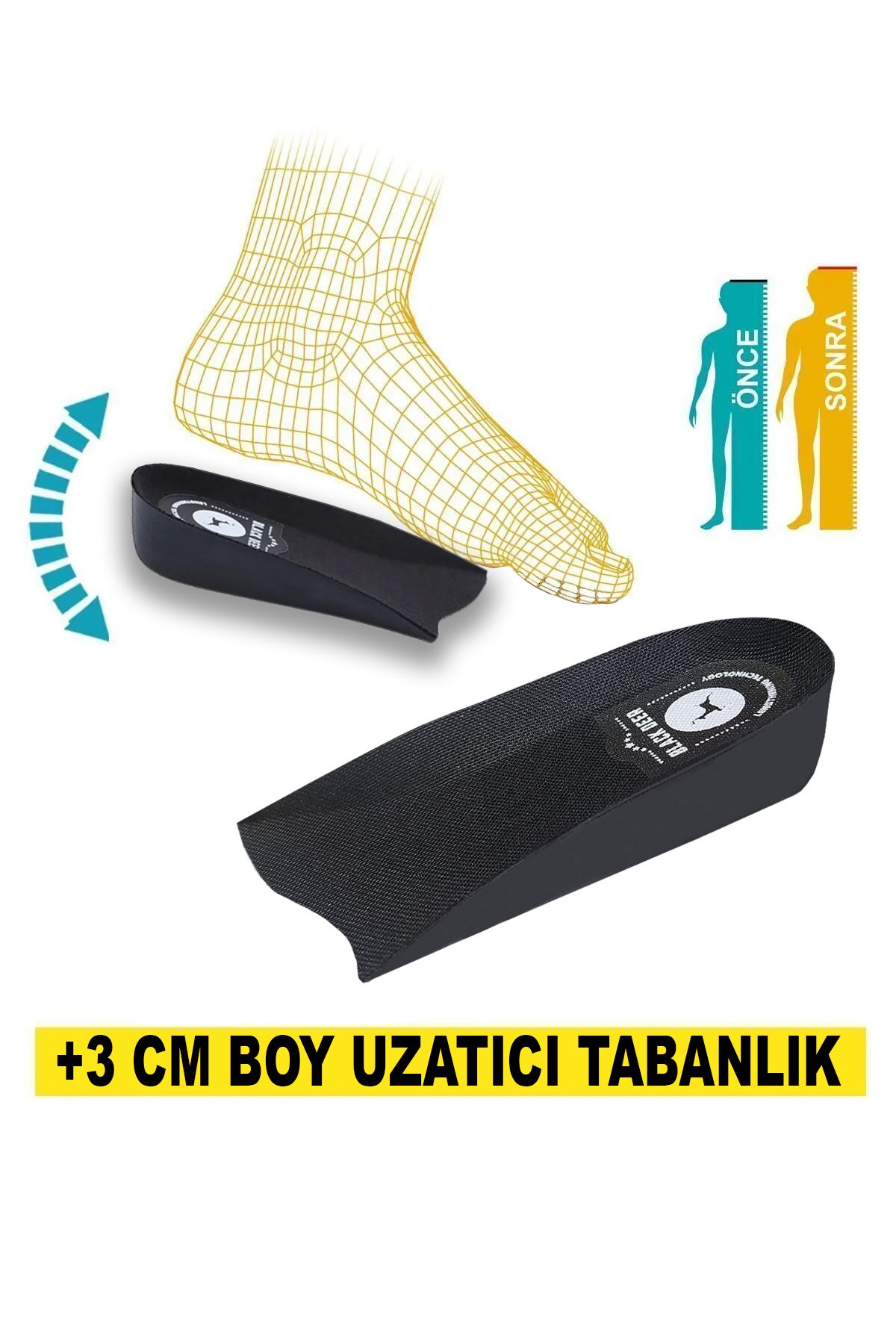 BLACK DEER 3 Cm Boy Uzatıcı Tabanlık Gizli Boy Uzatan Tabanlık Boy Uzatma Tabanı Siyah