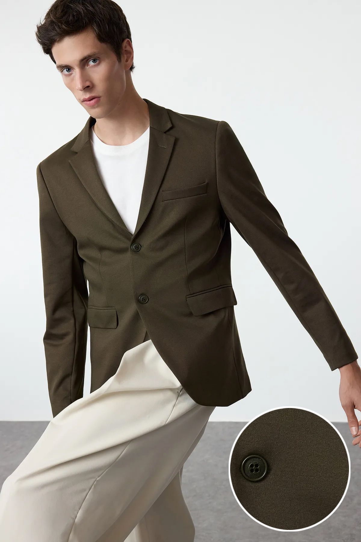 TRENDYOL MAN Haki Slim Fit Örme Esnek Kumaşlı Blazer Ceket TMNAW23CE00025