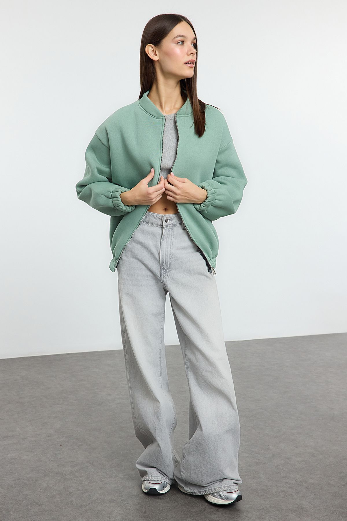 Trendyolmilla Mint Fermuarlı Oversize/Geniş Kalıp Kalın İçi Polarlı Örme Sweatshirt TWOAW25SW00122