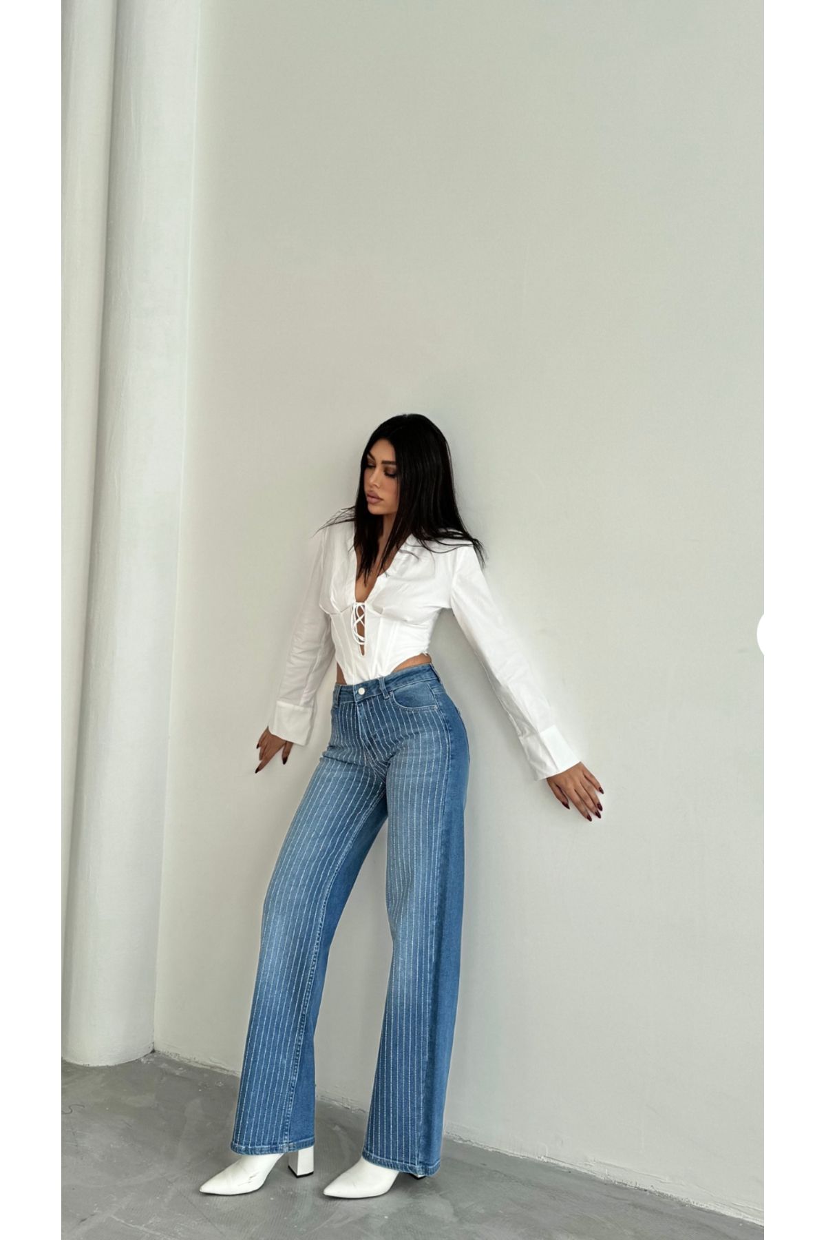 Blue Hill Jeans Mavi Ön Boydan Taşlı Incili Palazo Yüksek Bel Likralı Kumaş