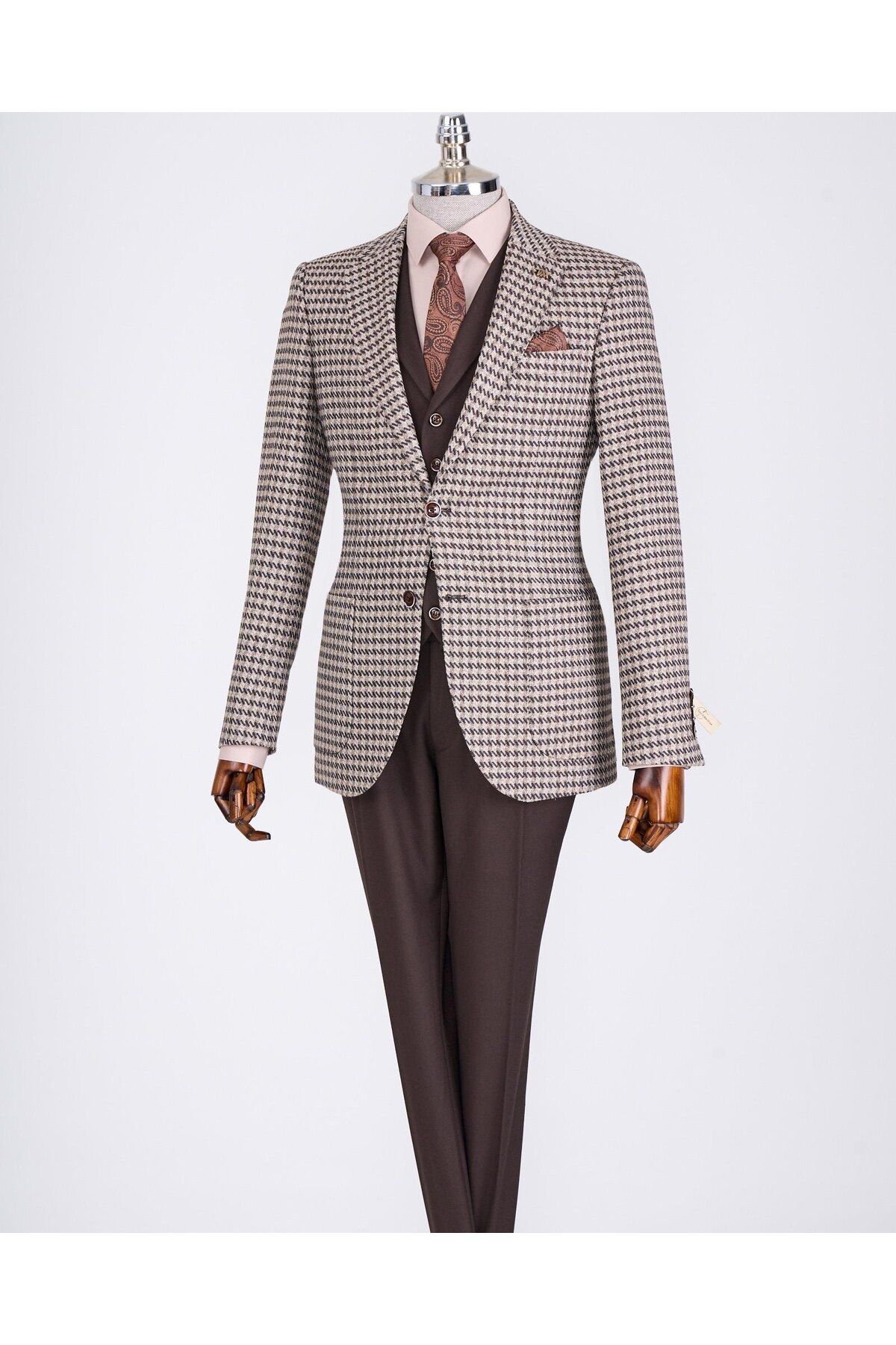 TerziAdemAltun İtalyan stil slim fit erkek kombin ceket yelek pantolon takım elbise kahverengi T13077