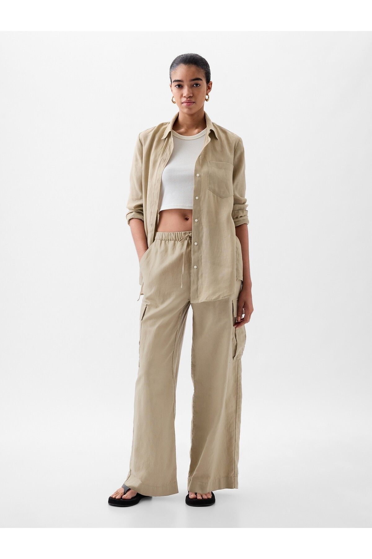 GAP Kadın Bej Keten Karışımlı Pull-on Kargo Pantolon