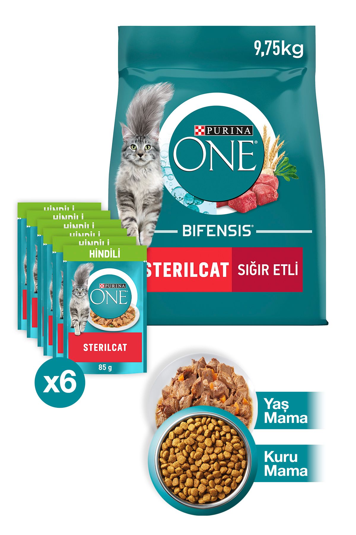Purina One Sterilcat Sığır Eti Buğday Kısır Kedi Maması 9.75kg Hindili Yaş Kısır Kedi Maması 6x85g