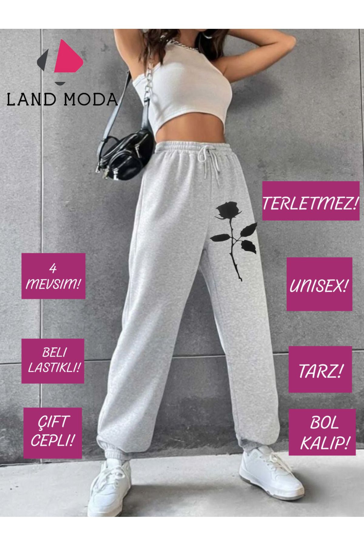 SBCSPORT Jogger Eşofman Altı Gri Lastik Paça Yüksek Bel Eşofman