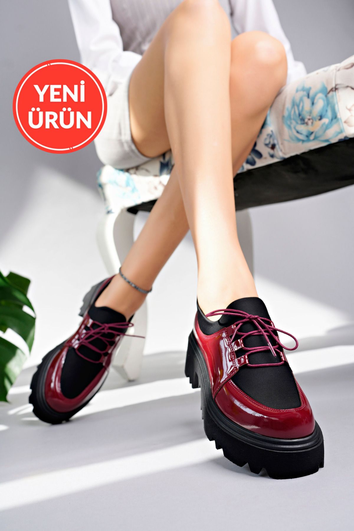 MARSHETTA Flex Model Scuba Dalgıç Kumaş Detaylı Bordo Kırışık Rugan Bağcıklı Kadın Loafer Ayakkabı