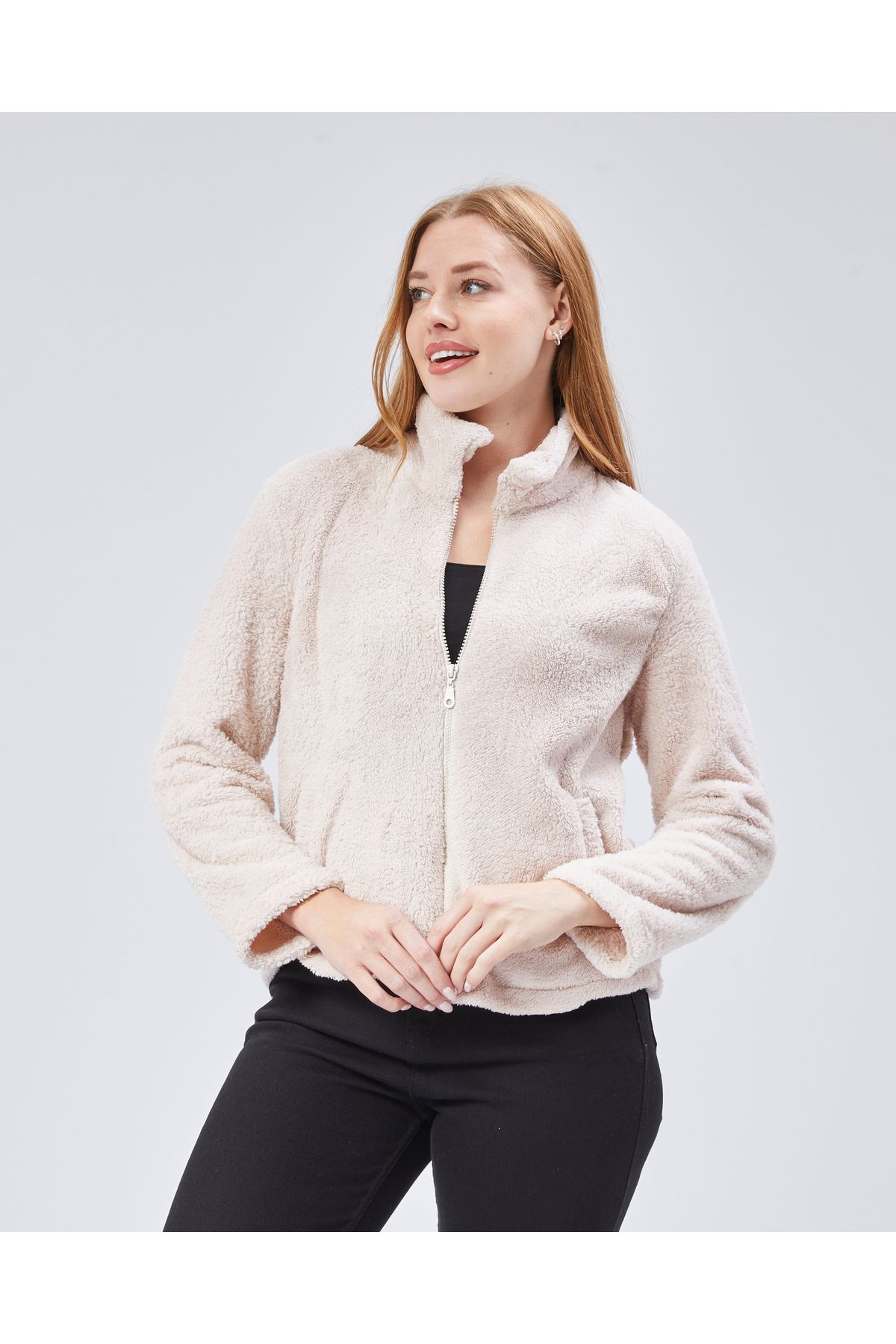 Purpleclo Oversize Yakalı Astarsız Gri Peluş Hırka