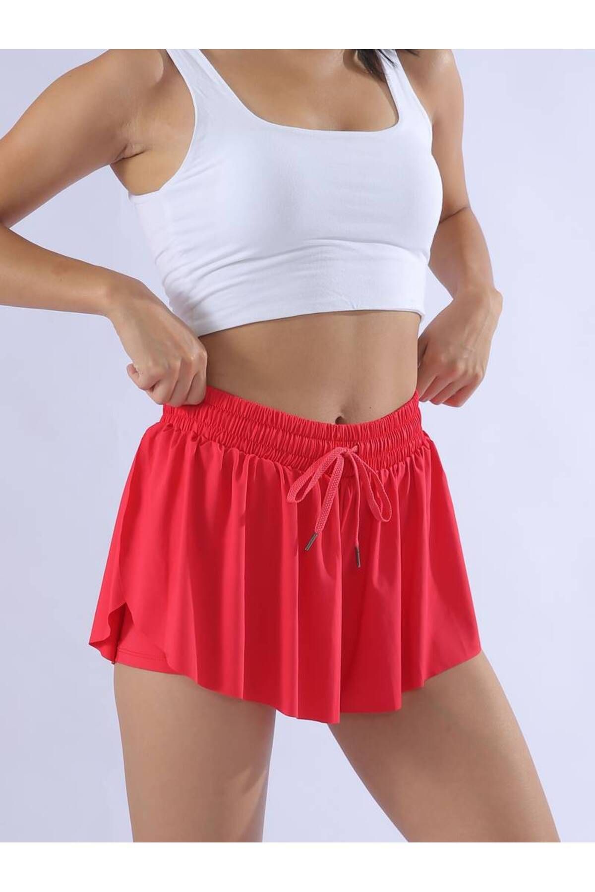 LADY HAZAL Nar Çiçeği Yüksek Bel Yırtmaçlı Spor Etek - Darkalıp Taytlı Şort Etek - Cepli Mini Bağcıklı Şort