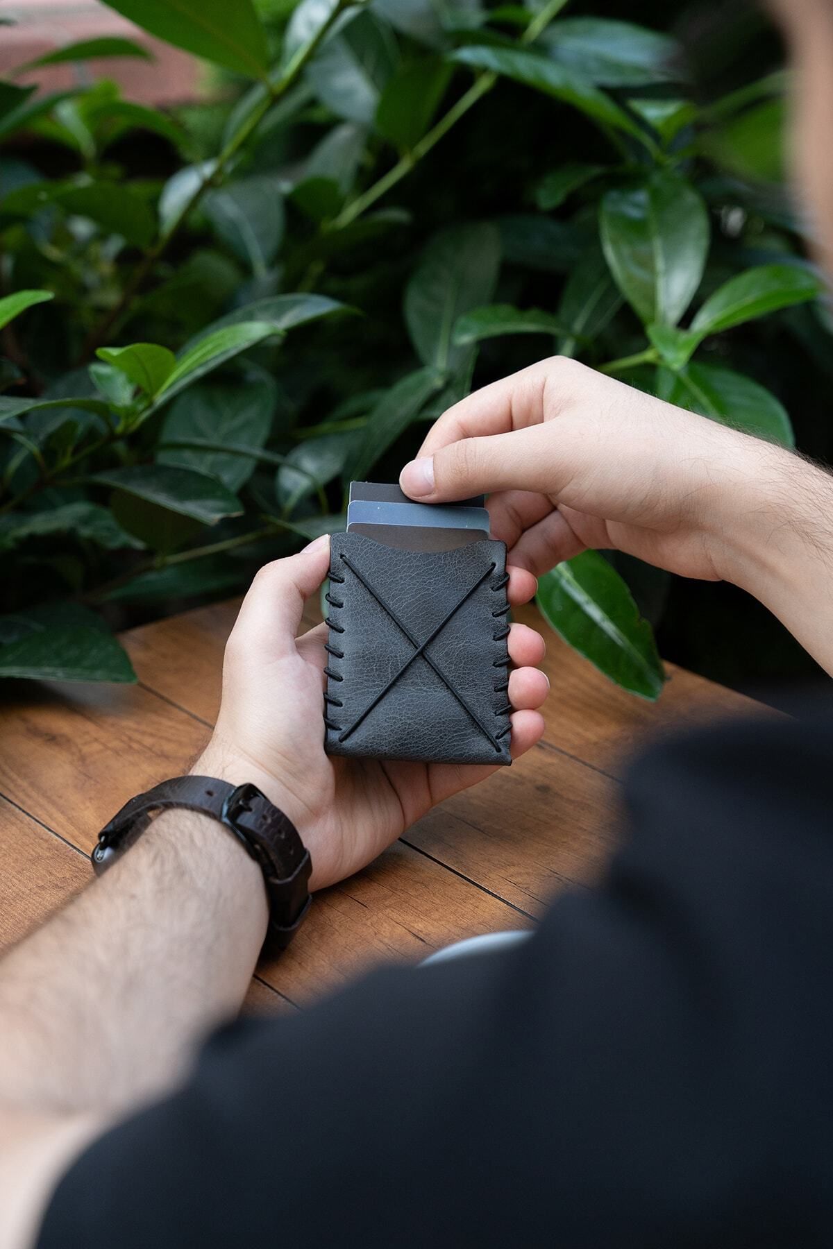 minimal X design Minimal X V1 Kartlık - Antrasit - Gerçek Deri & El Yapımı - Ince Şık Basit Minimalist Tasarım