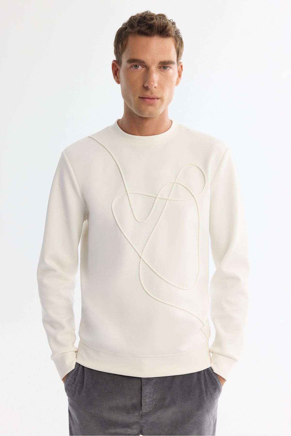 Avva Erkek Ekru Bisiklet Yaka Pamuklu Nakışlı Sweatshirt A42y1247