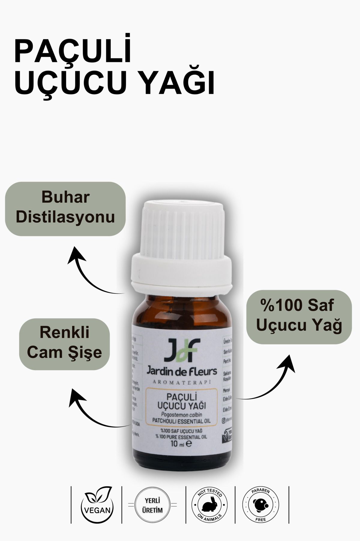 JARDIN DE FLEURS Paçuli (Patchouli) Uçucu Yağı 10 ml - %100 Saf Aromaterapi Yağı