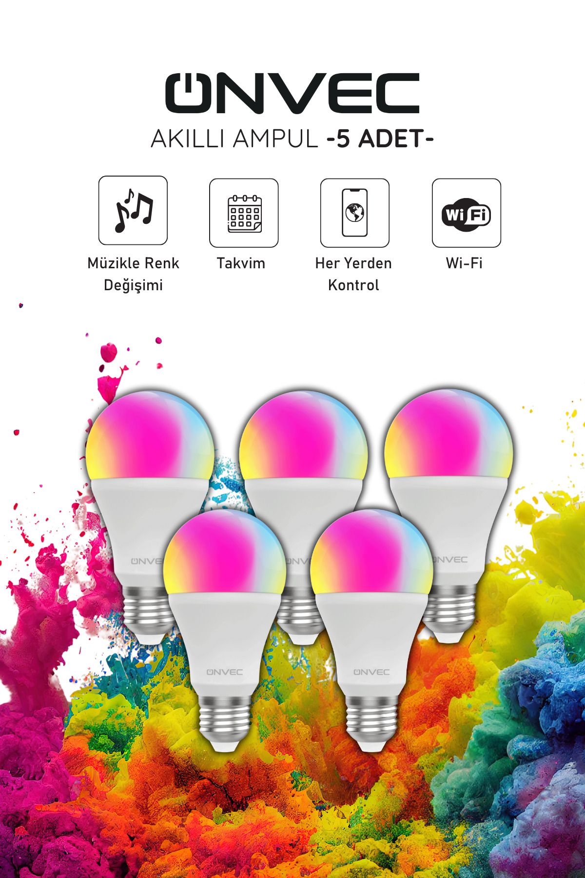 ONVEC Wifi Bluetooth Destekli 9w Rgb 5 Adet Akıllı Ampul Tuya