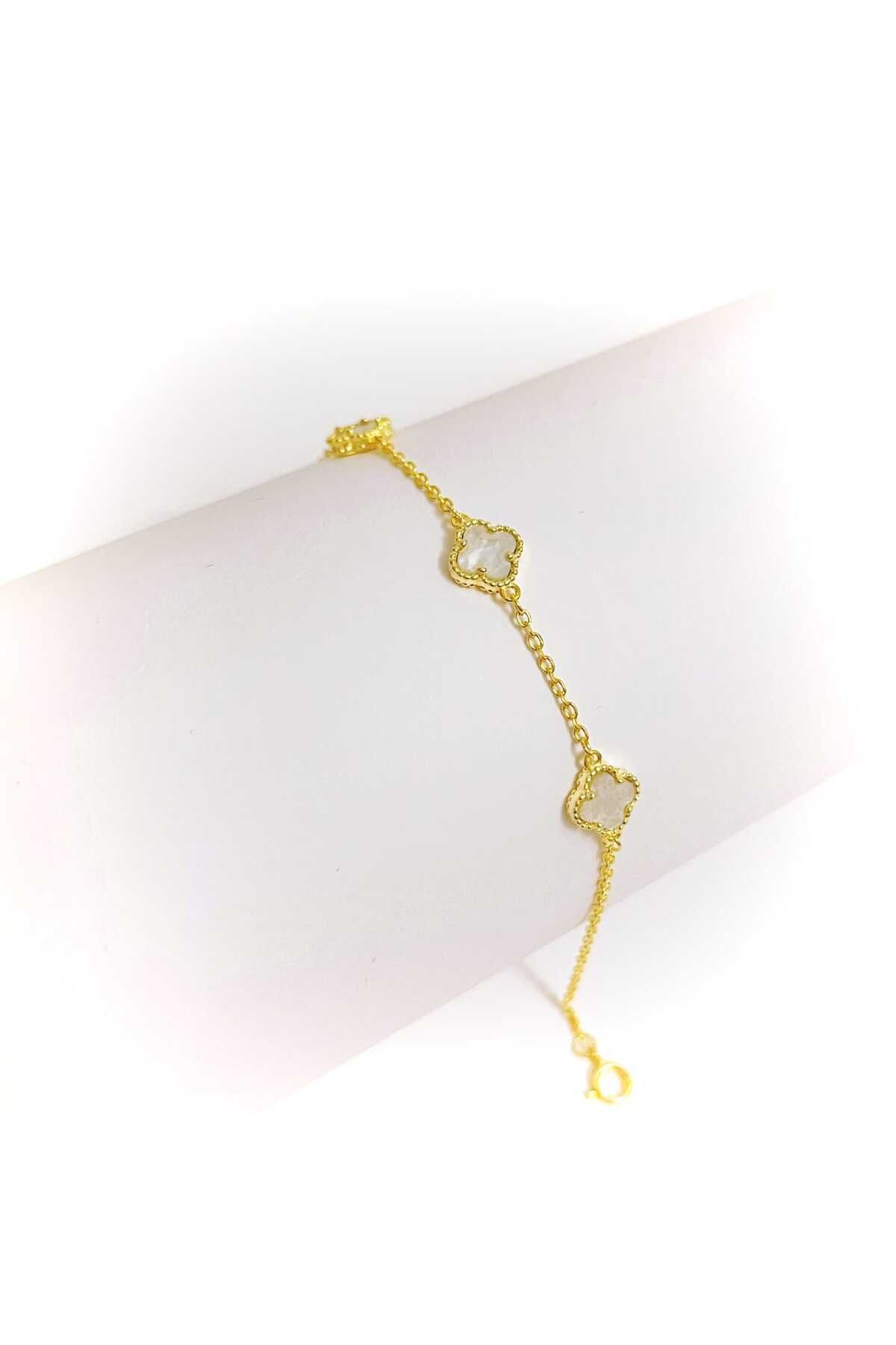 Missus 925 Gümüş Altın kaplama van cleef yonca bileklik beyaz opal taşlı