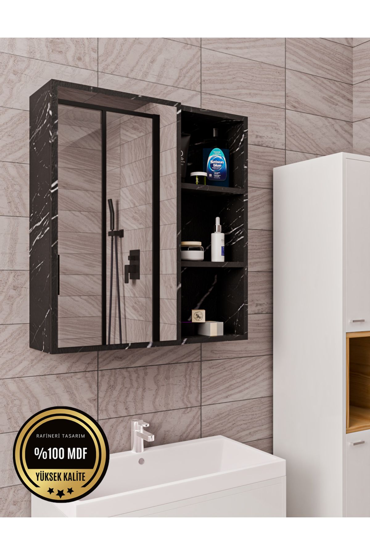 rafineritasarım DALİN TEK KAPAK AYNALI BANYO DOLABI RAFLI MDF