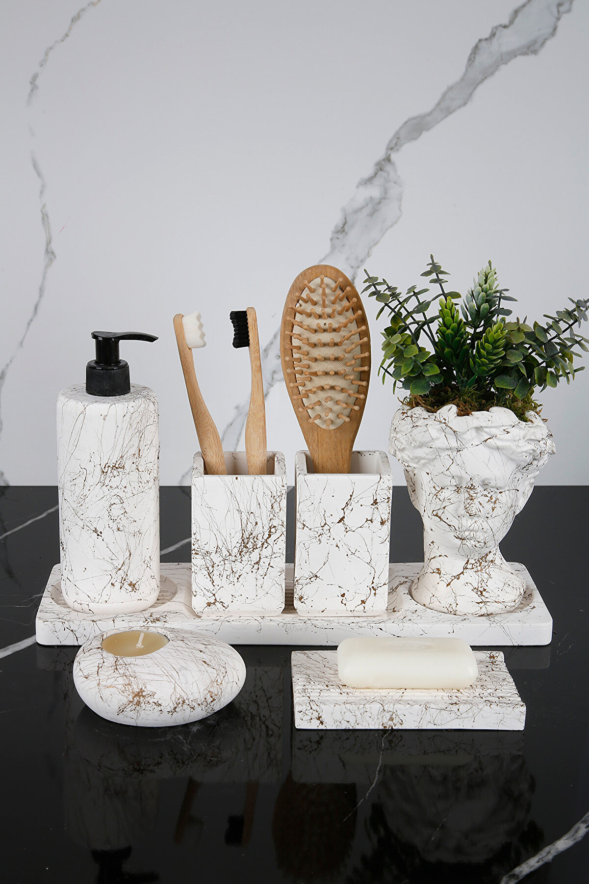 betonmall 7 Parça Beton Banyo Seti - Yapay Çiçekli & Modern