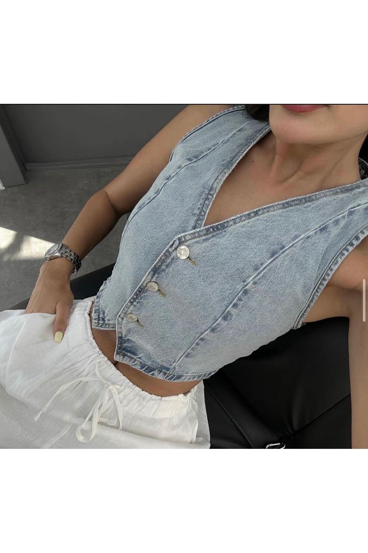neslihansarıca kot yelek , 3 düğmeli 0 kollu kot yelek