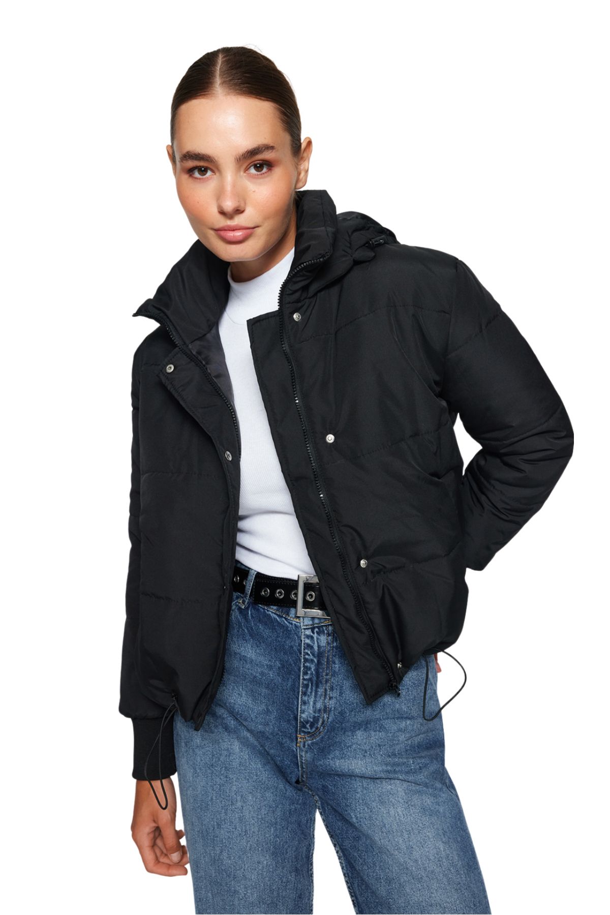 Trendyolmilla Siyah Oversize Kapüşonlu Su itici Kapitone Şişme Mont TWOAW21MO0144