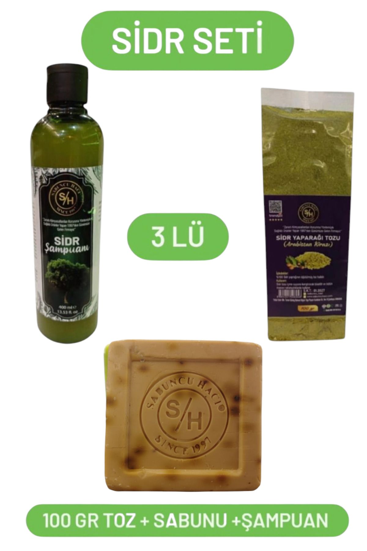 Sabuncu Hacı Sidr seti orijinal sidr sabunu +400 ml sidir şampuanı +100 gr sidr tozu manevi etkili terapi set