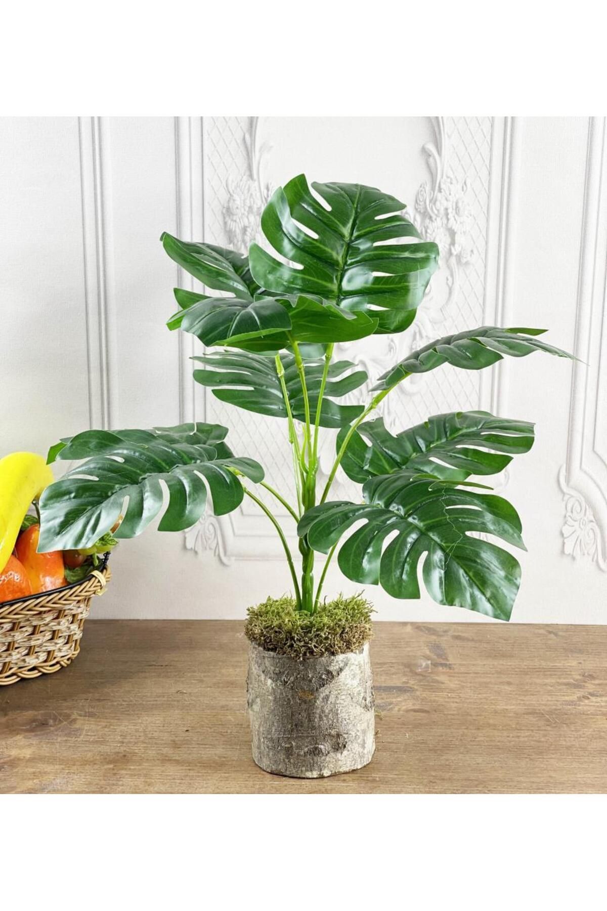 Nettenevime Yapay Çiçek Monstera 9 Dal Kütük Saksılı Deve Tabanı Dekoratif Süs Çiçeği