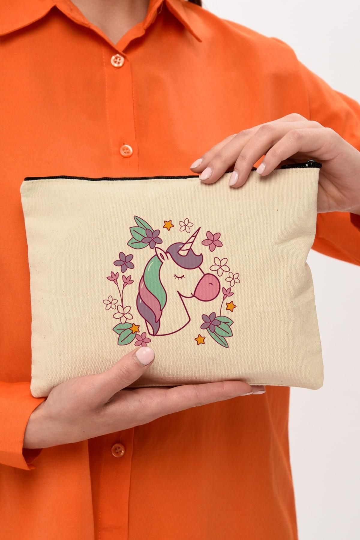 Çınar Bez Çanta Clutch Çiçekler Ve Unicorn Kanvas Makyaj Çantası