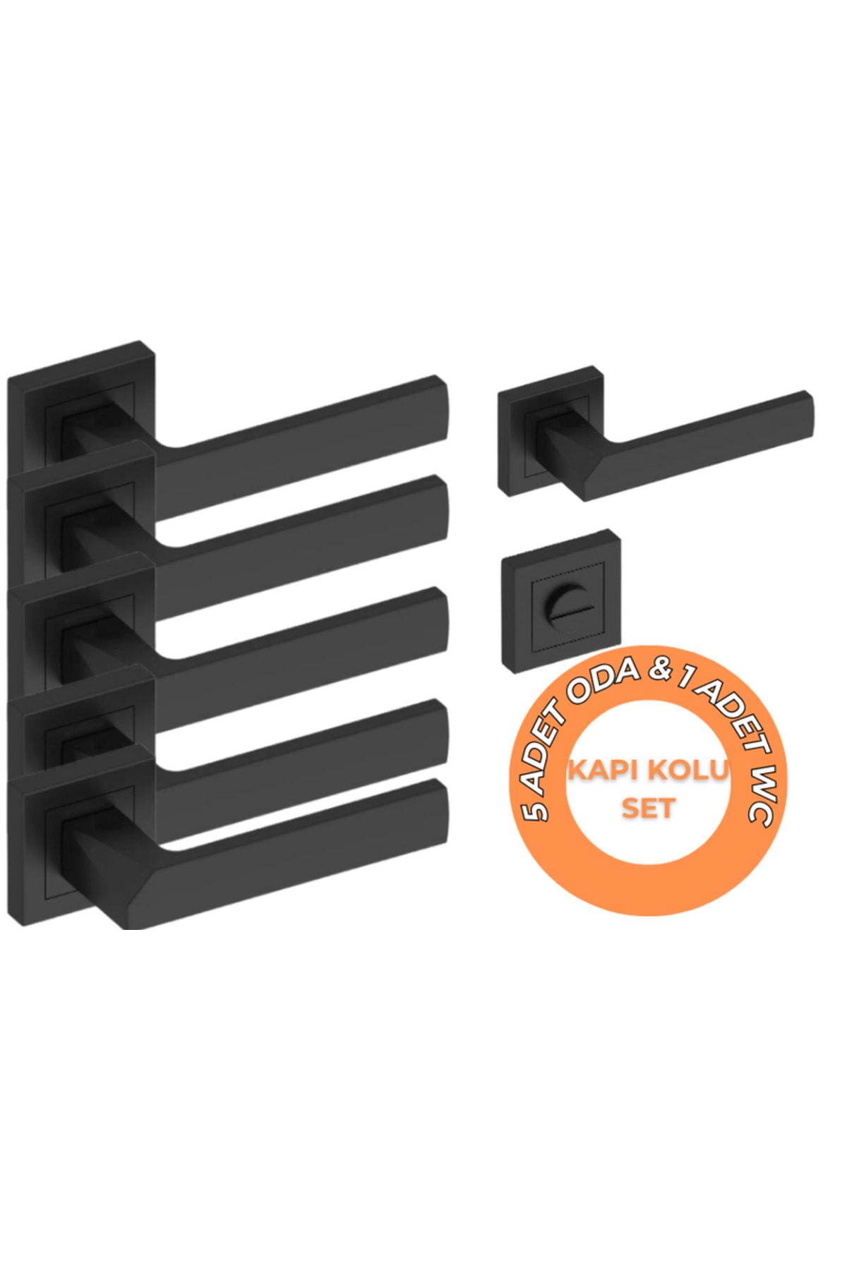 ALMITAL 5 ADET MELEK ODA, 1 ADET WC KAPI KOLU, KARE ROZETLİ, MAT SİYAH, Alüminyum, SET