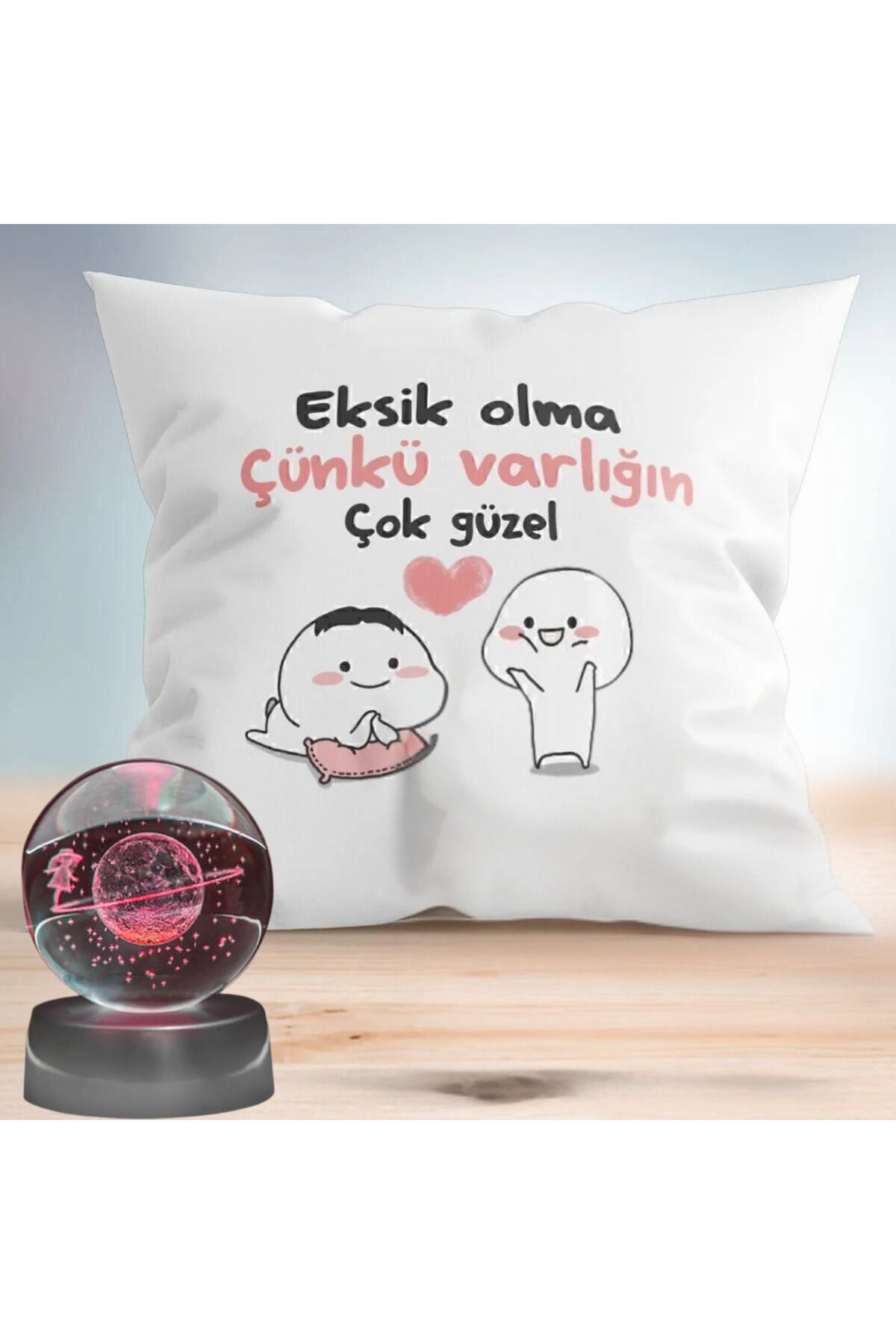 rk tasarım Eksik Olma Puf Yastık & 3d Samanyolu Temalı Satürn Kız Işıklı Cam Küre