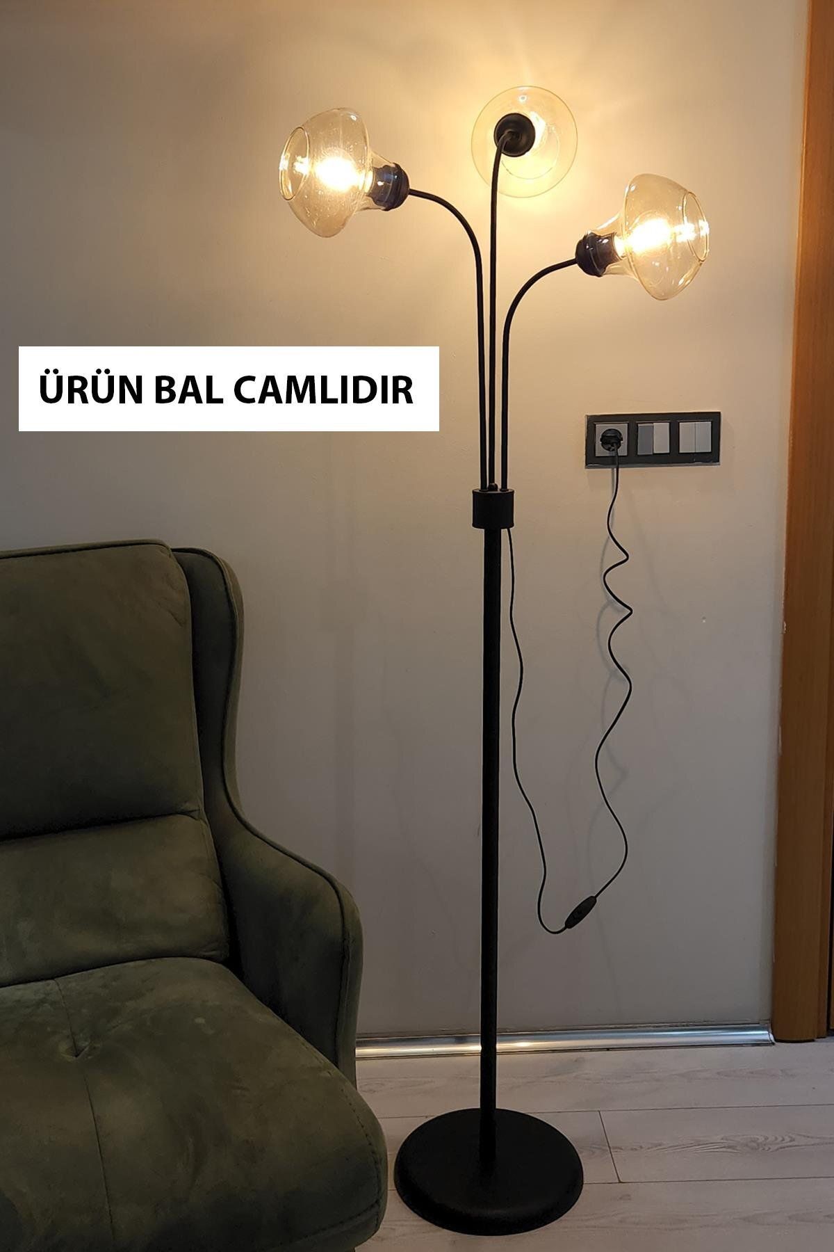 Taşcan Aydınlatma Zambak 3 Lü Siyah Tasarım Metal Ayaklı Lambader 2044B Oturma Odası-Salon Lambader